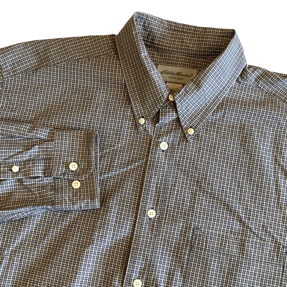Eddie Bauer Mens Large Button‎ Down Shirt Blue Tan Micro Check Plaid Cotton L